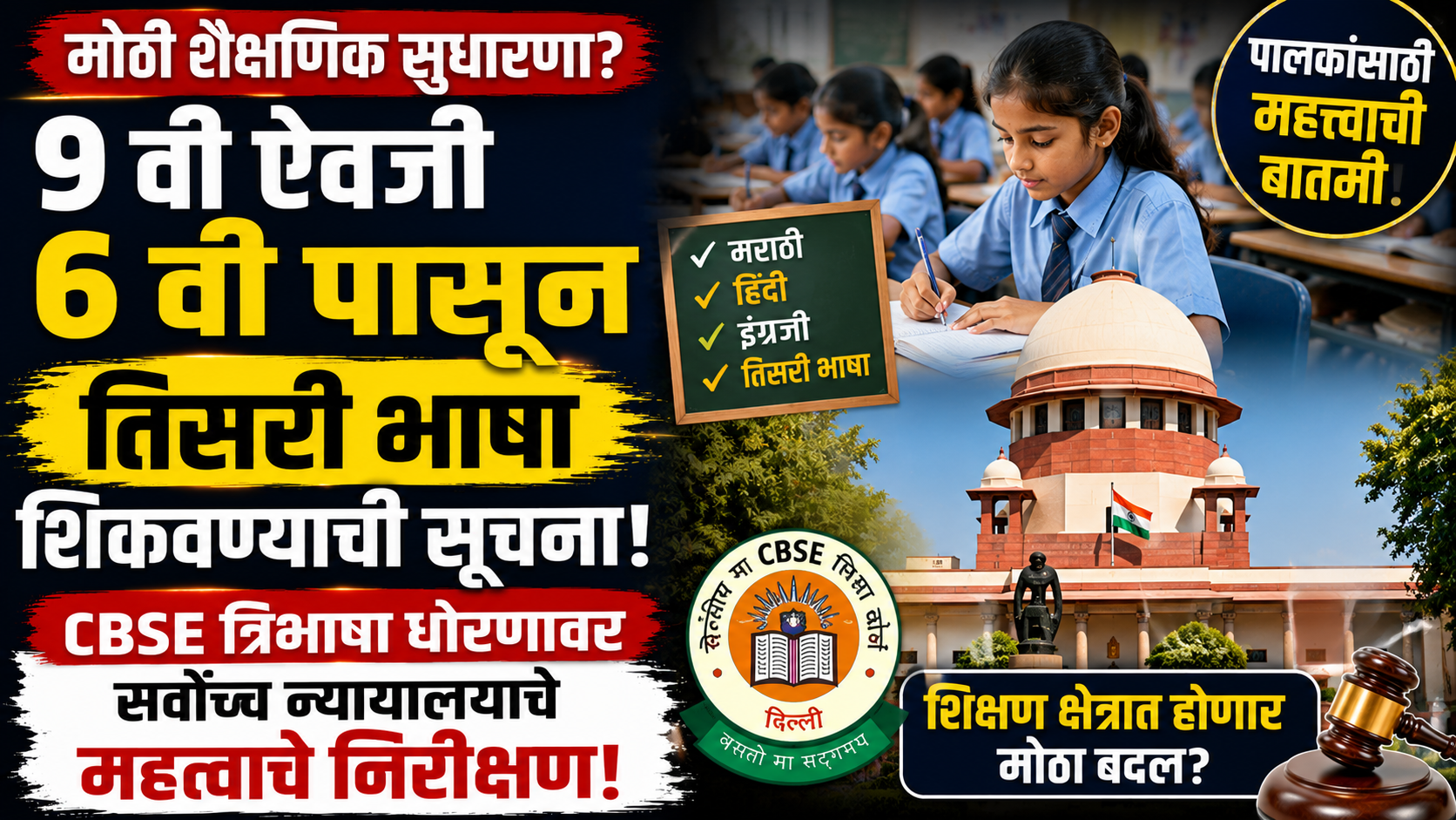 9 वी ऐवजी 6 वी पासून तिसरी भाषा शिकवण्याची सूचना : CBSE त्रिभाषा धोरणावर सर्वोच्च न्यायालयाचे महत्त्वाचे निरीक्षण