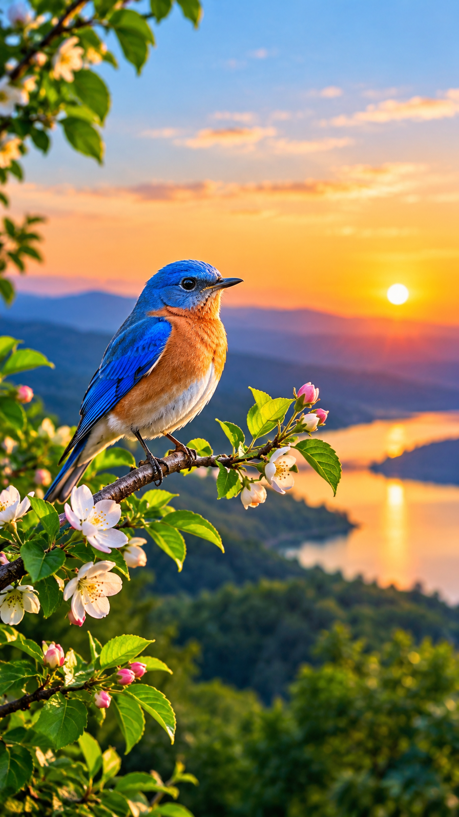 Mobile wallpaper - Bluebird Among Sunset Blossoms