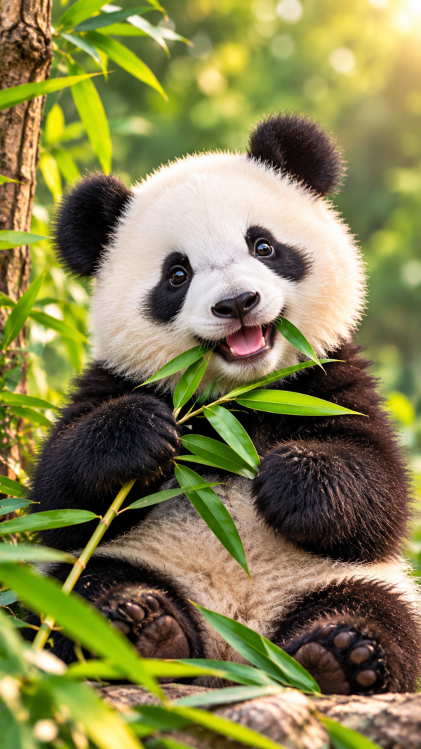 Mobile Wallpaper : Happy Panda Cub Among Bamboo