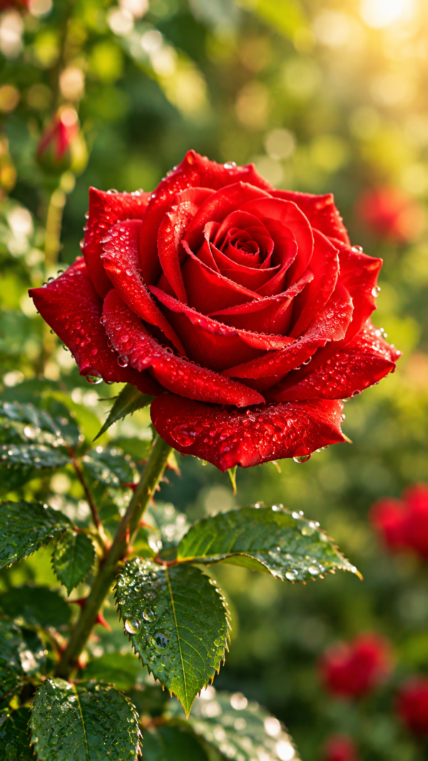 Mobile wallpaper : Dewy Red Rose in Morning Light